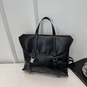 Vintage black faux leather tote bag with silver buckles and large capacity for women