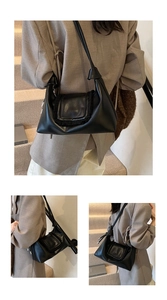 Detailed views of a black underarm bag with pleated flap edge and long shoulder strap