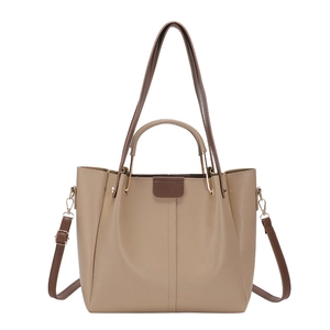 Minimalist khaki and brown PU leather tote bag with top handles and shoulder strap