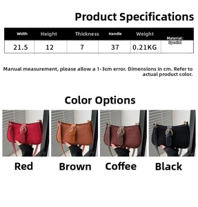 Size chart and color display for matte shoulder bag in red brown and black options