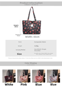 Size guide for strawberry print tote bag with detailed dimensions and material info