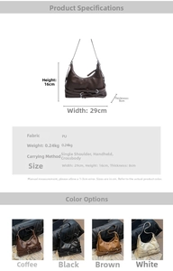 Detailed size chart and multi-color options for the ruched faux leather tote bag