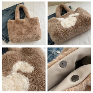 Detail view of large fluffy rabbit tote bag featuring magnetic closure and soft lining