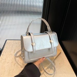 Silver metallic box crossbody bag with vintage gold buckles and rounded top handle