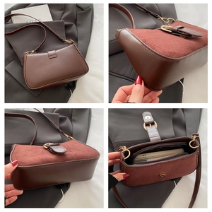 Detailed views of dark brown leather underarm bag showing stitching and texture