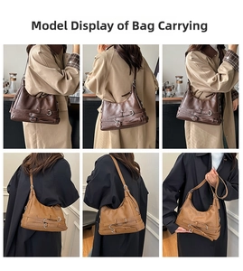 Detail of vintage style crossbody bags with belt buckle accents in brown and caramel