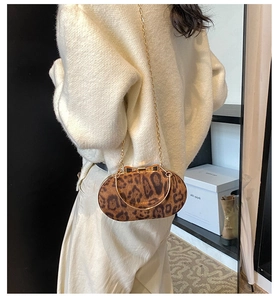 Detail van luipaardprint crossbodytas met gouden striksluiting en een kettingriem