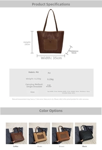 Detailed view of woven PU leather tote bag including dimensions and color options