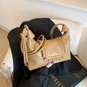 Chic drawstring cloud bag in khaki leather with knot strap and ruffled edge for women