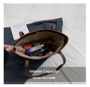 Top view of large capacity tote bag interior filled with daily cosmetics and essentials