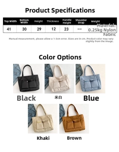 Size chart and color selection for lightweight nylon tote bag with dual front pockets