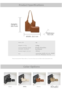 Size chart showing PU tote bag dimensions and weight with 33.5cm handle height