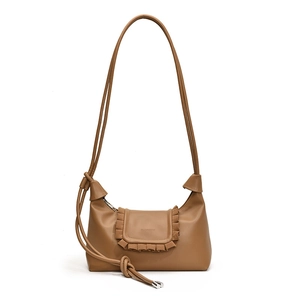 Brown drawstring ruched cloud bag with ruffled flap and knotted shoulder strap