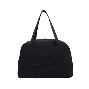 Minimalist black nylon travel tote bag with large capacity and front zipper pocket