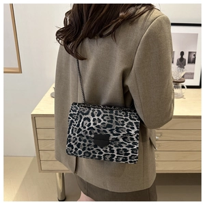 Model view of leopard print crossbody bag with metallic chain strap and shield lock
