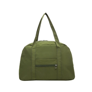 Minimalist army green nylon tote bag with front zipper pocket and wide fabric handles