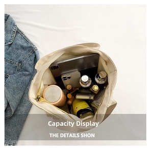 Capacity display of white large nylon tote bag with organized tablet and accessories