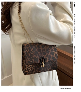 Chic leopard print crossbody bag detail with golden oval lock and metal chain strap