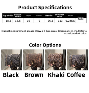 Size chart and dimensions for leopard print crossbody bag with metal chain strap