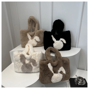 Plush tote bags in four colors with bunny patchwork and faux fur texture details