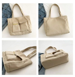 Detailed views of beige nylon tote bag with multiple utility pockets and zip compartments