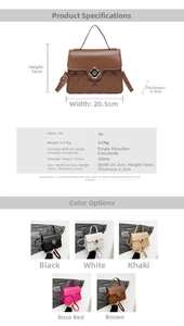 Size guide for diamond quilted shoulder bag showing dimensions 20.5x16x6.5cm in five colors