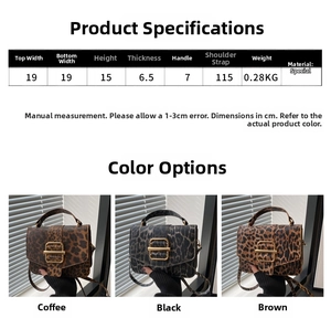 Spécifications de taille du sac à main imprimé léopard avec les dimensions et les coloris