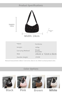 Detailed size specifications for strawberry corduroy shoulder bag with dimensions