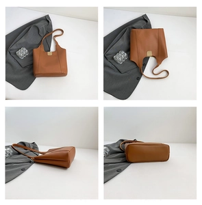 Multiple views showing the caramel brown leather tote bag with gold buckle detail
