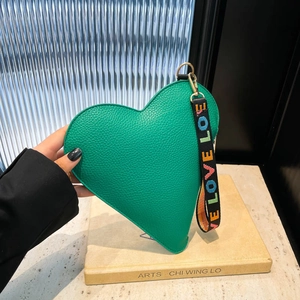 Green heart-shaped handbag in lychee texture leather with embroidered LOVE strap