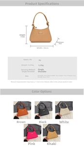Detailed size chart and five color variants for this elegant woven PU leather hobo bag