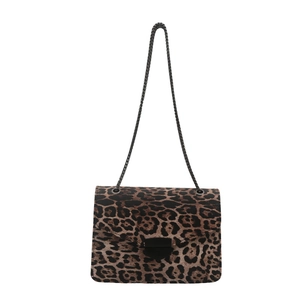 Vintage leopard print shoulder bag with black metal buckle and chain strap on white background
