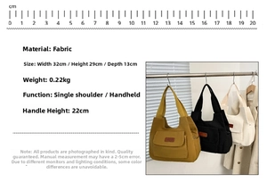 Size chart for large nylon tote bag showing dimensions 32x29x13cm in three colors