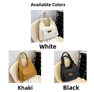 Three colors of canvas tote bags in white, khaki, and black with front pocket detail