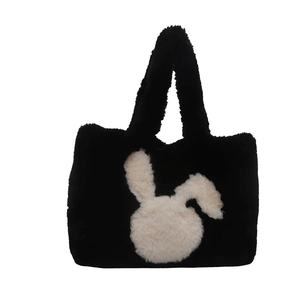 Large black plush shoulder bag with white rabbit design for winter daily style