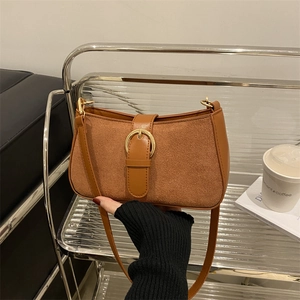 Retro tan faux leather underarm bag with gold buckle and matte finish for women