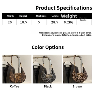 Detail view of leopard print hobo bag with dimensions and metal buckle hardware