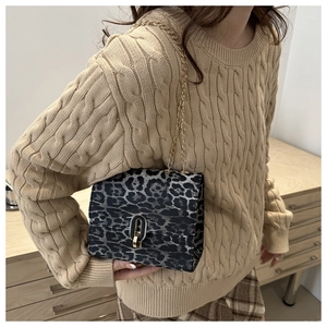 Dettaglio borsa a tracolla leopardata con catena dorata su maglione a trecce
