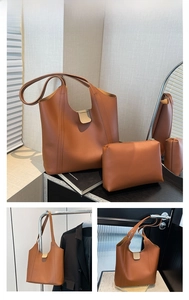Brown leather tote bag and pouch set showing vertical silhouette and interior space