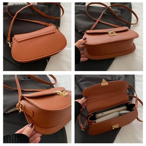 Detailed views of caramel pebble leather saddle bag with gold buckle and spacious interior