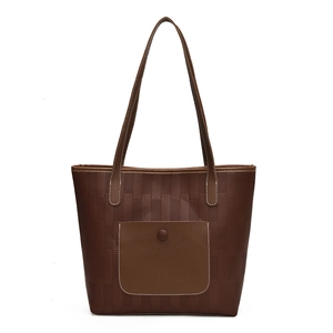 Dark brown woven tote bag with front pocket and contrast stitching for women
