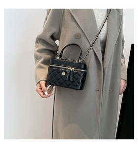 Close-up of black quilted chain vanity bag worn with a grey coat on a model