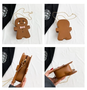 Detailed views of gingerbread man cross-body bag with golden chain and zipper details