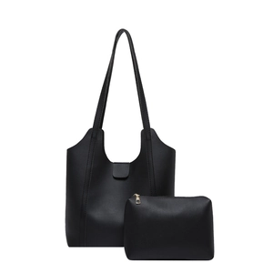 Fashionable black tote and small zipper pouch set in synthetic leather for women