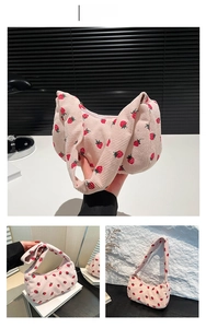 Detail of pink corduroy shoulder bag with strawberry prints and zipper closure