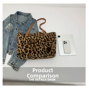 Flat lay of large leopard print faux fur tote bag with brown straps and daily essentials