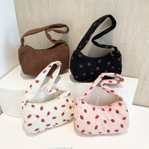 Strawberry Print Corduroy Shoulder Bag Retro Underarm Hobo Purse For Women Sweet Casual Zipper Handbag