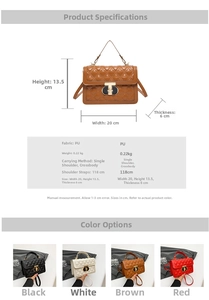 Detailed size specifications for the quilted PU crossbody bag showing four color options