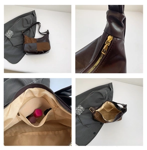 Detailed views of a patchwork leather tote with interior storage and gold hardware accents