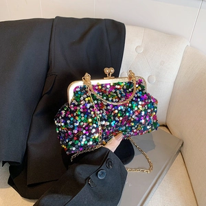 Sac de soirée étincelant à paillettes multicolores avec bandoulière dorée chic